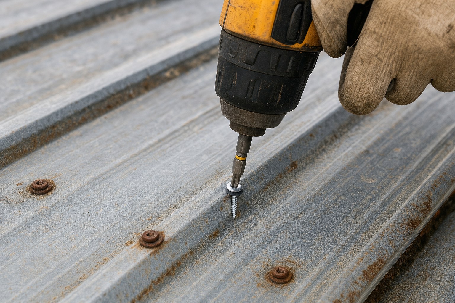 Hand replacing a rusty screw on a weathered ag-panel barn roof