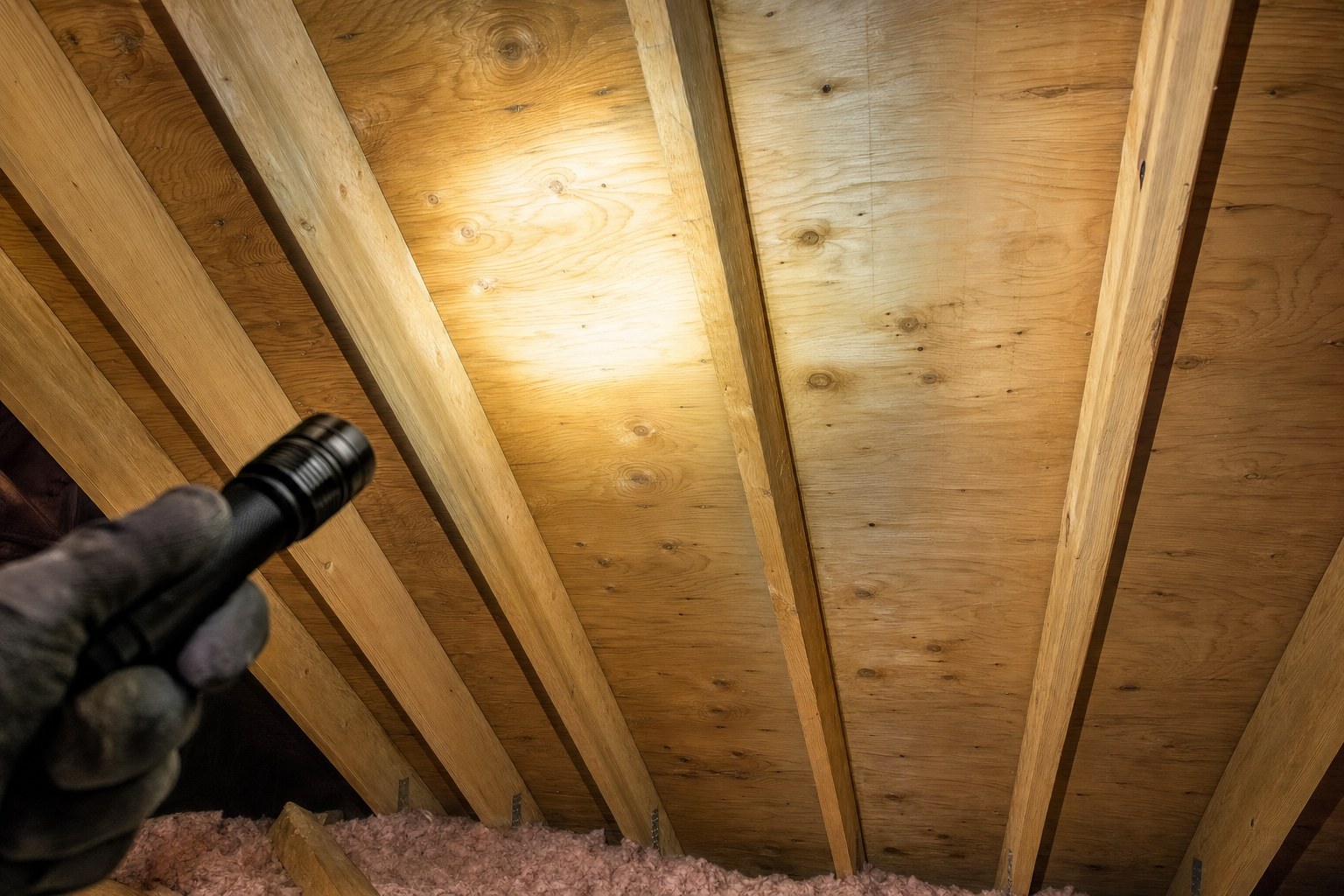 Flashlight inspection of roof decking and rafters from inside an attic
