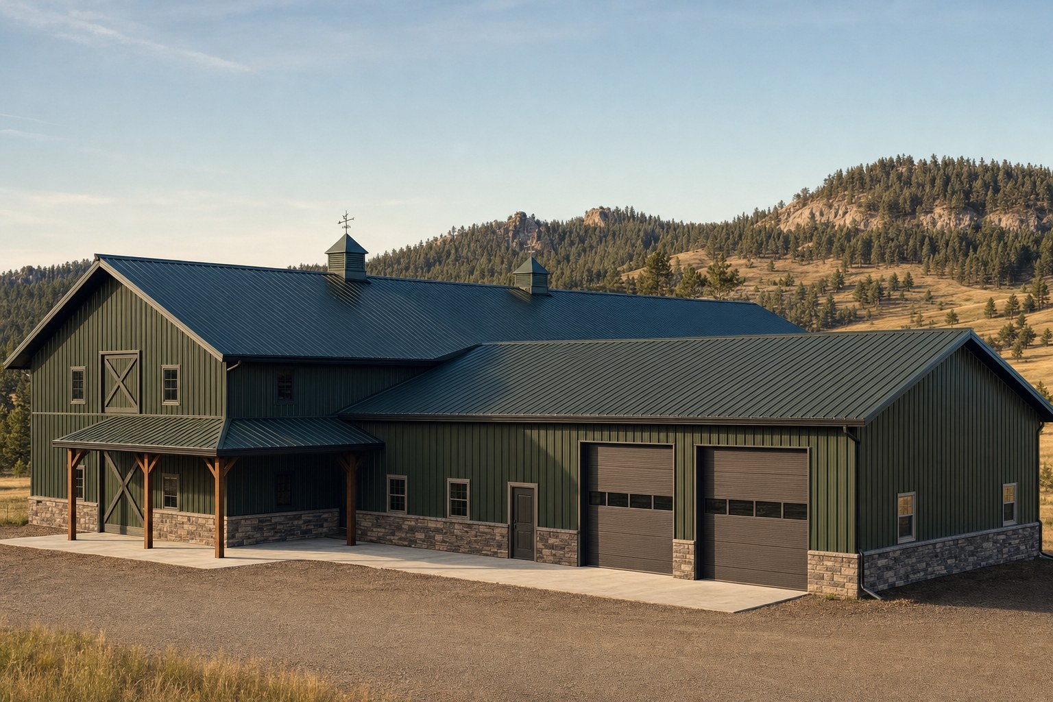 Rural Black Hills barn and shop with green metal roof and siding