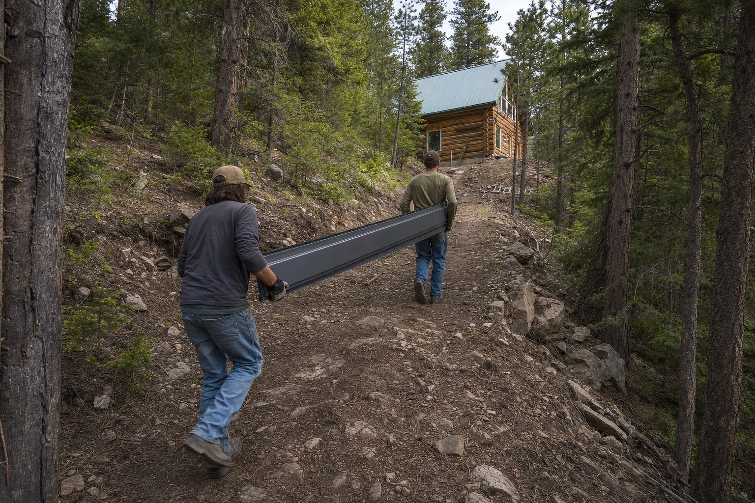 Two roofers carrying long metal panels up a steep forest trail toward a log cabin