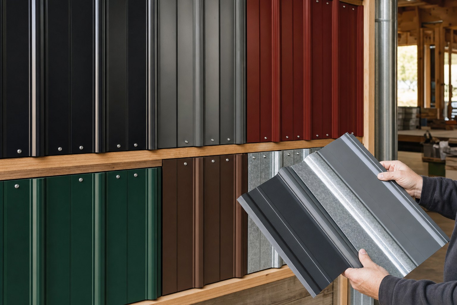 Metal roofing color sample panels in a workshop