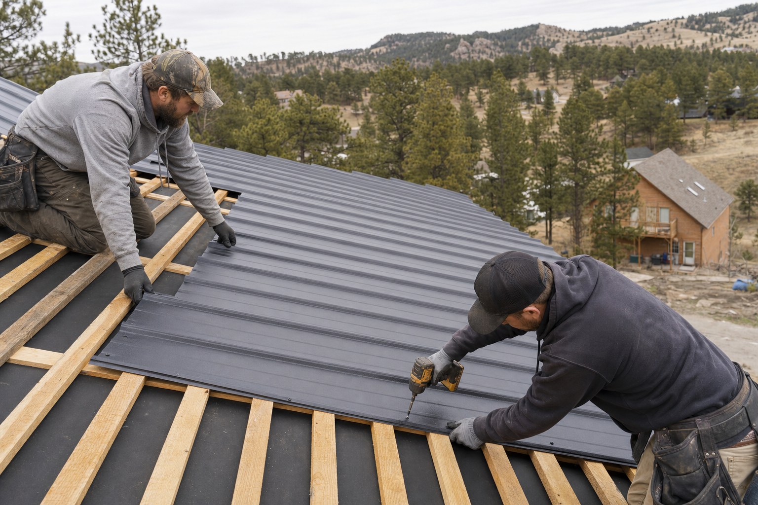 Crew installing ribbed exposed-fastener metal panels over roof strapping