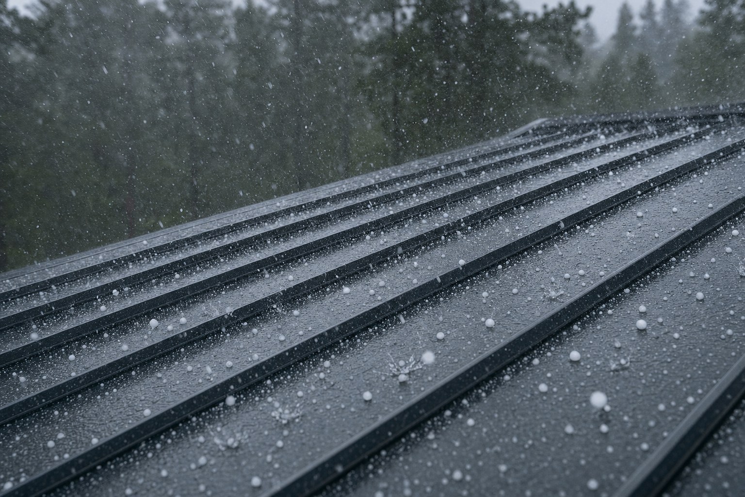 Hailstones bouncing on a dark standing seam roof