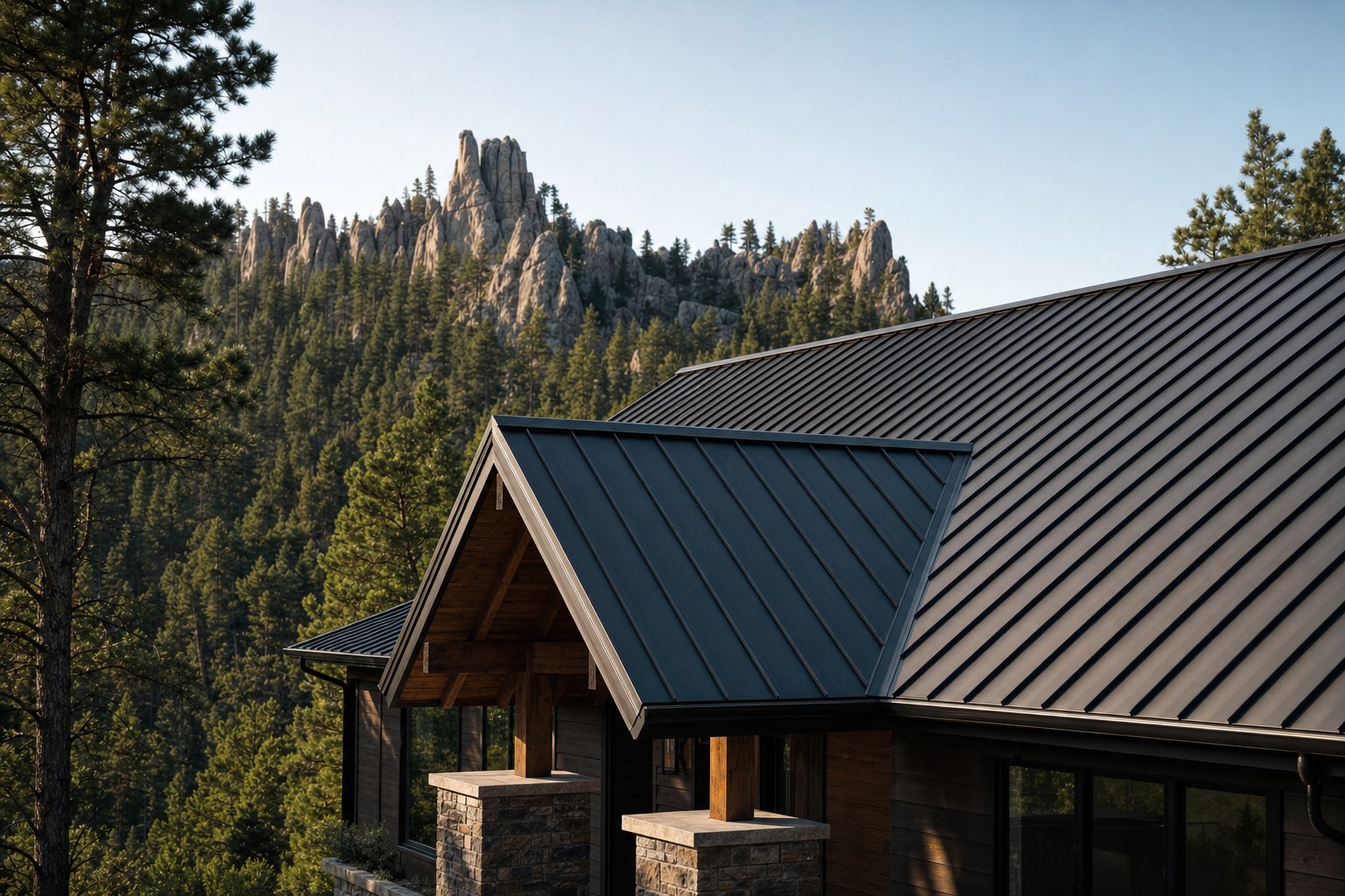Dark standing seam roof on a Black Hills cabin