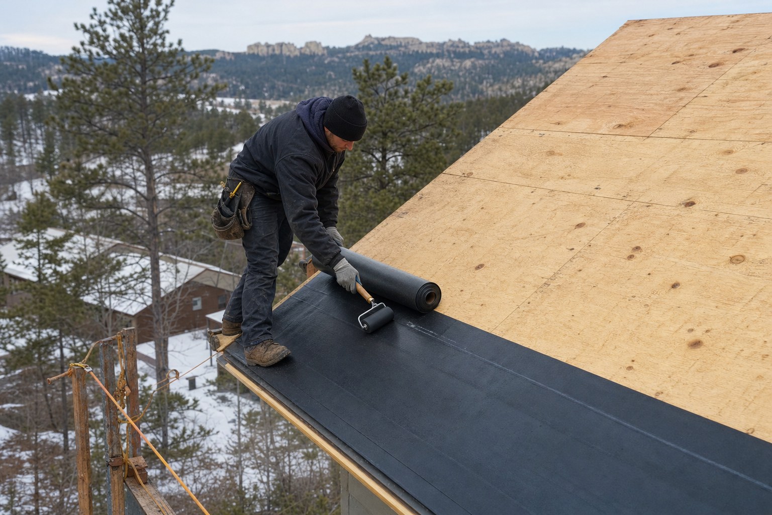 Roofer rolling ice and water membrane along a bare plywood roof eave