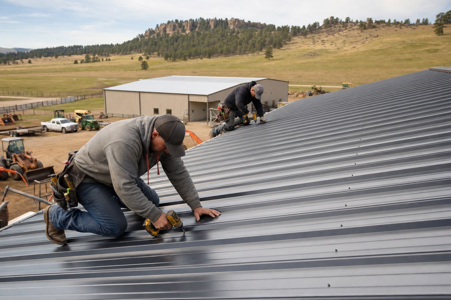 Crew screwing down ribbed metal panels on a ranch machine shed roof