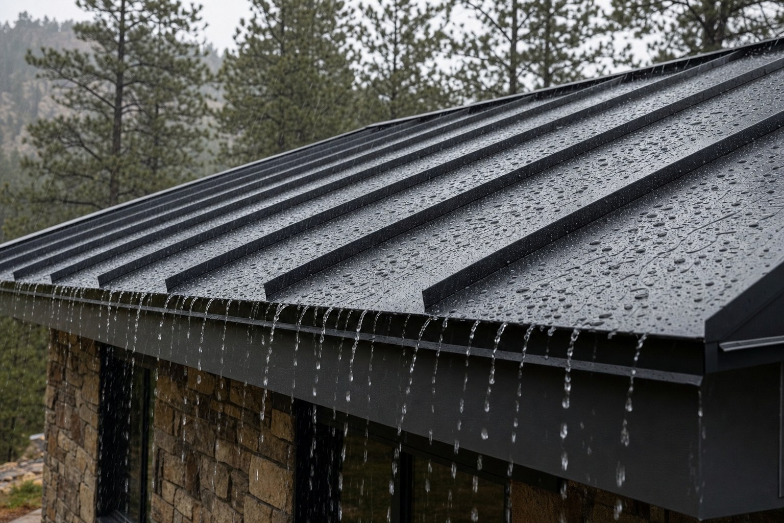 Rain beading and running off a dark standing seam roof