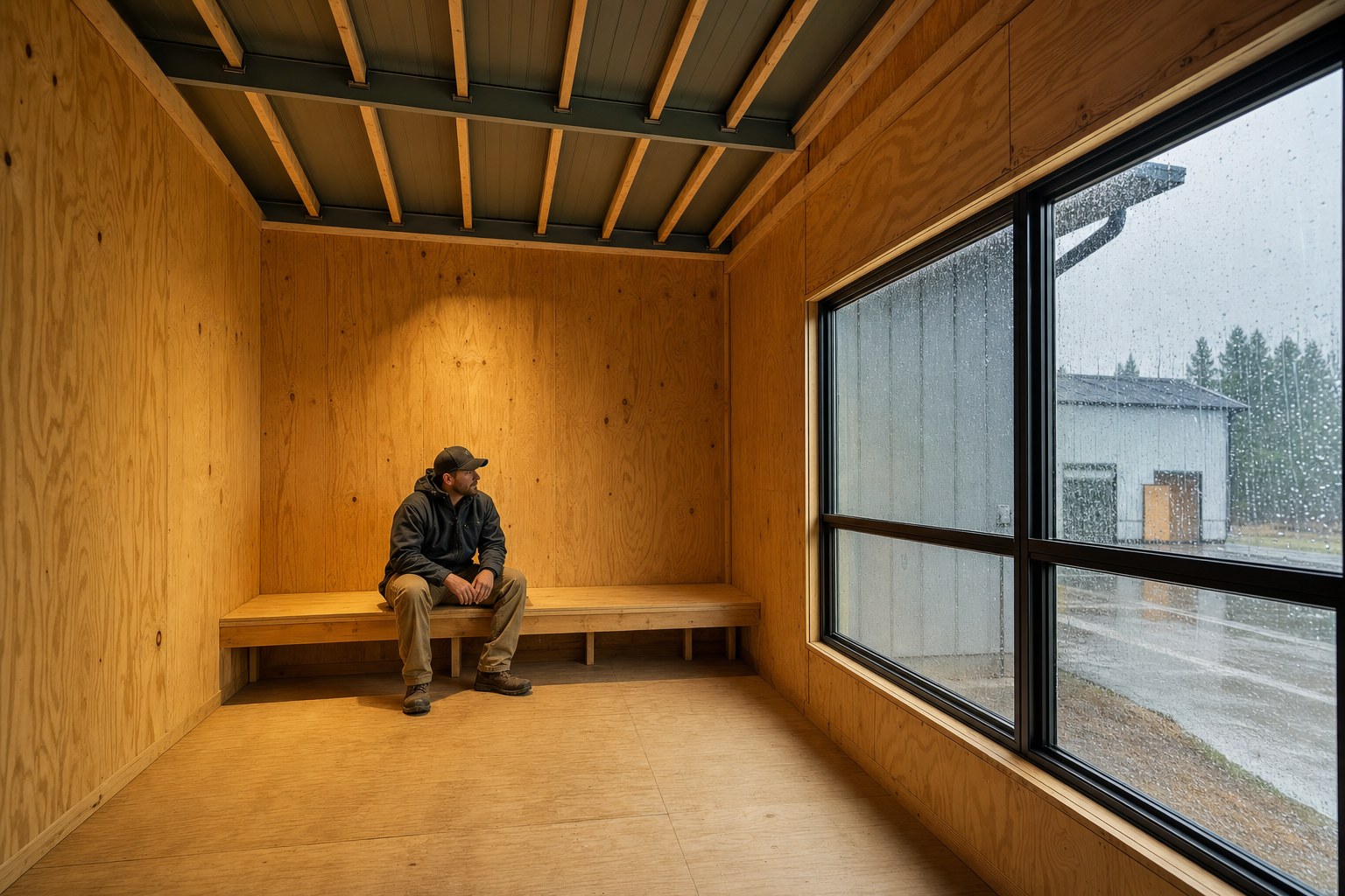 Dry rain test room with rain streaming down the outside window