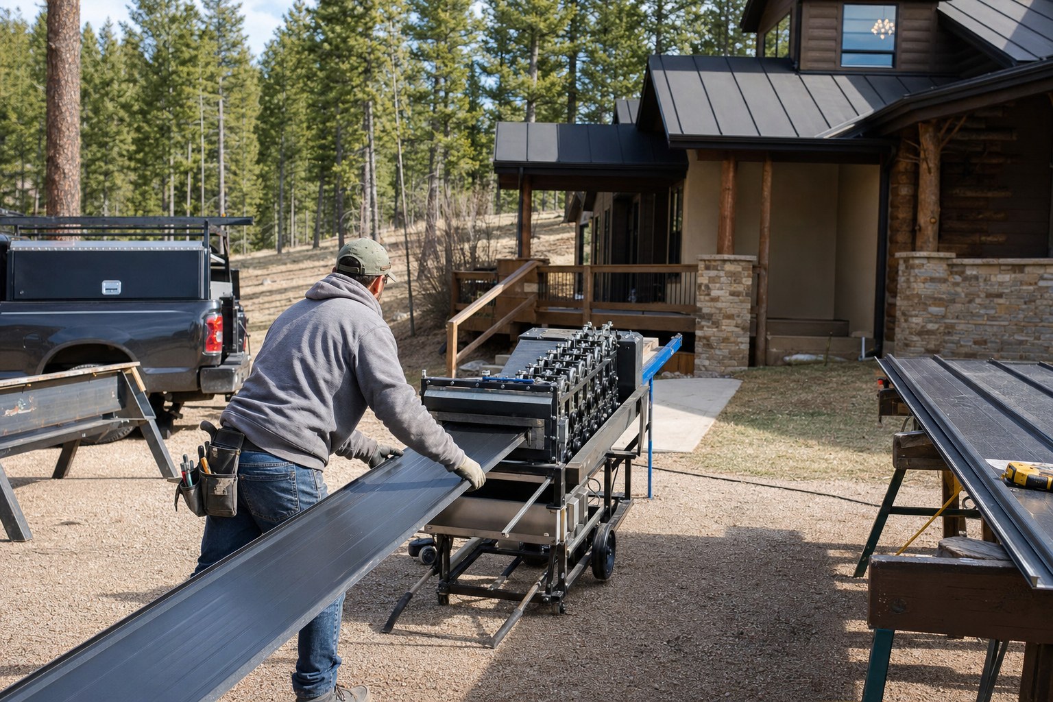 Metal roofing installer operating a portable roll former at a jobsite