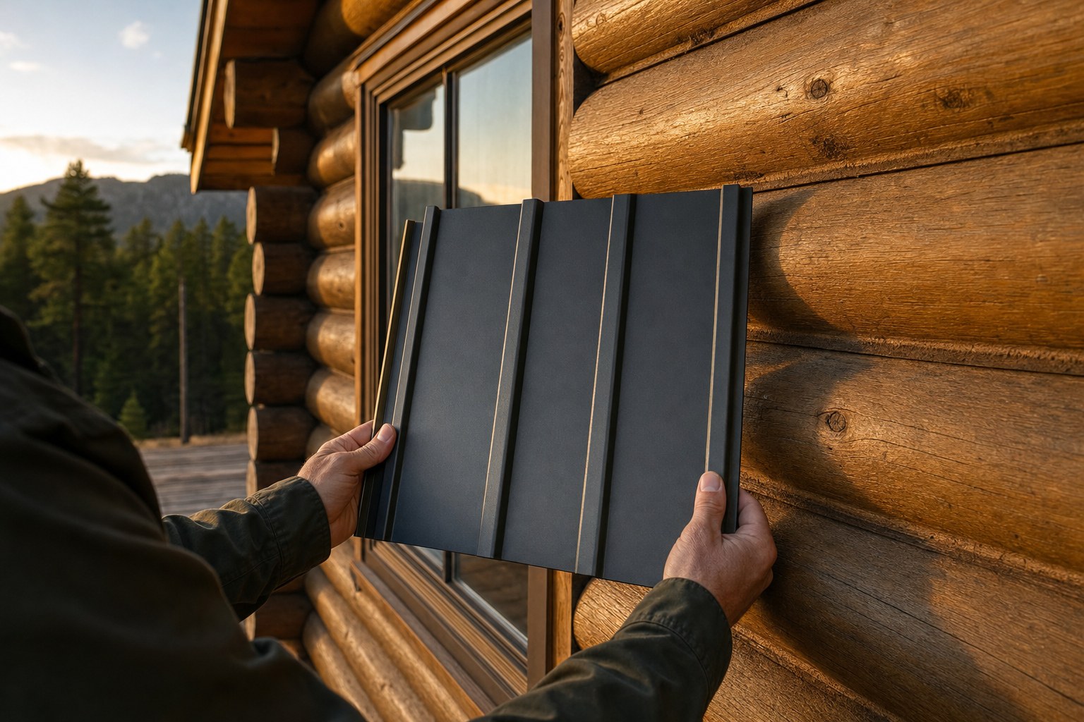 Homeowner holding a metal roof sample panel against log siding in evening light