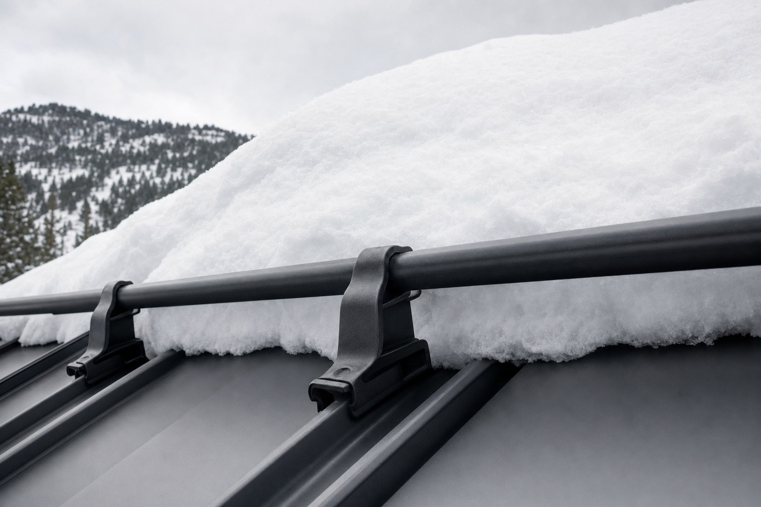 Black clamp-on snow guard bar gripping standing seam roof seams with snow held behind it