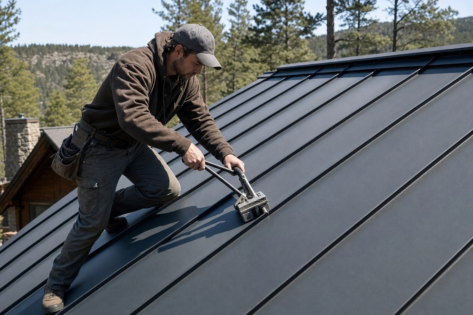 Crew member crimping the seams of a dark standing seam roof