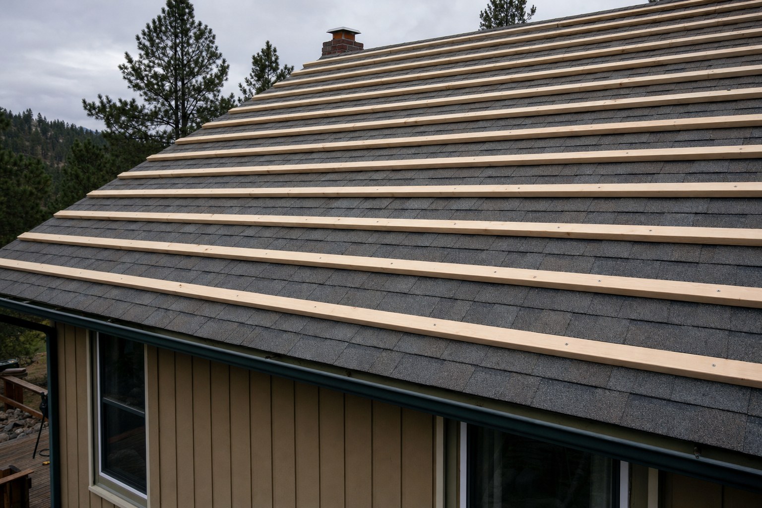 Wood strapping installed over an old shingle roof
