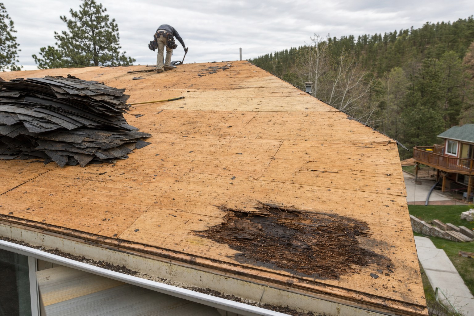 Roof tear-off exposing plywood decking and a dark rotted patch near the eave