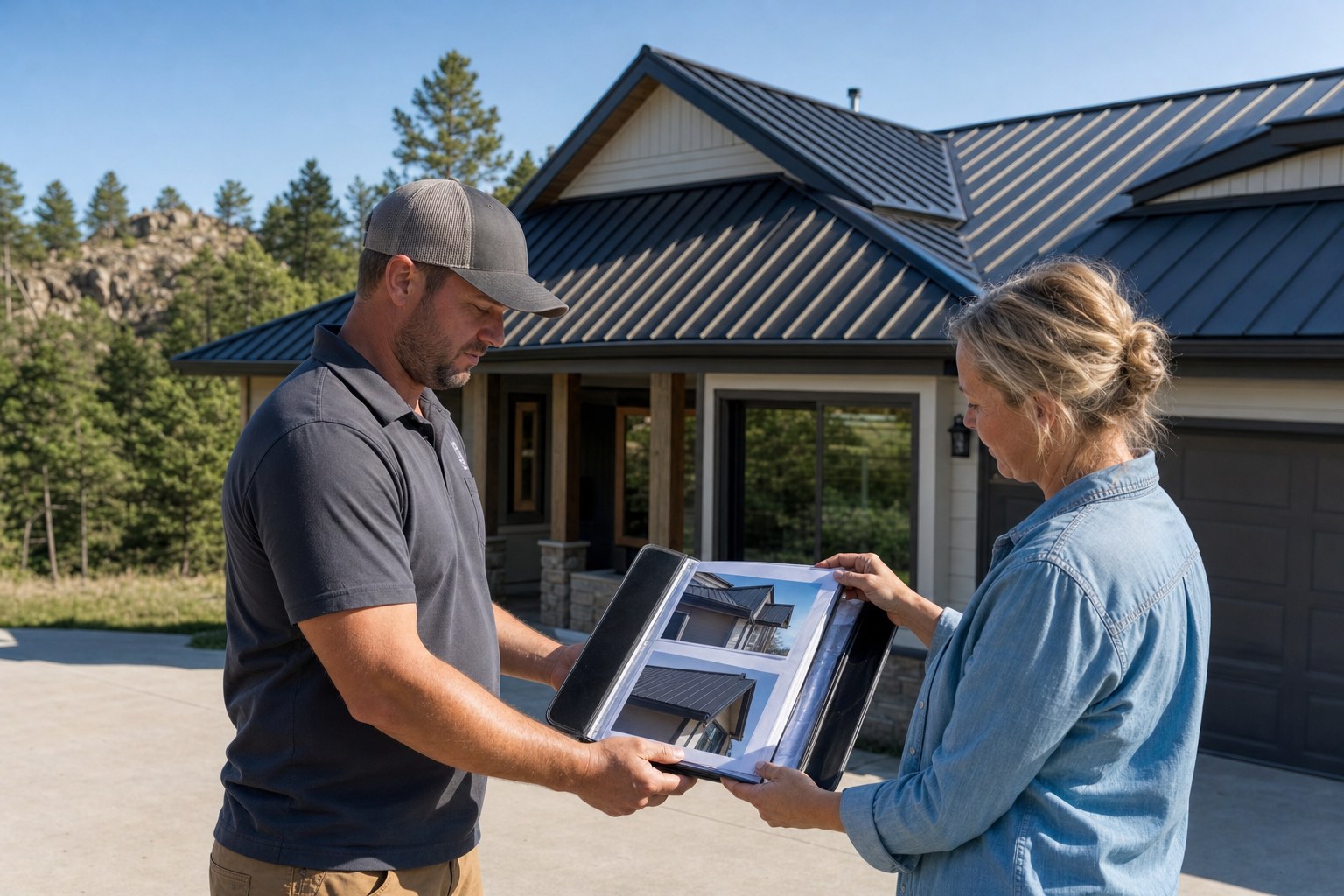 Gunnar handing a homeowner a folder of completed roof photos beside a standing seam roof