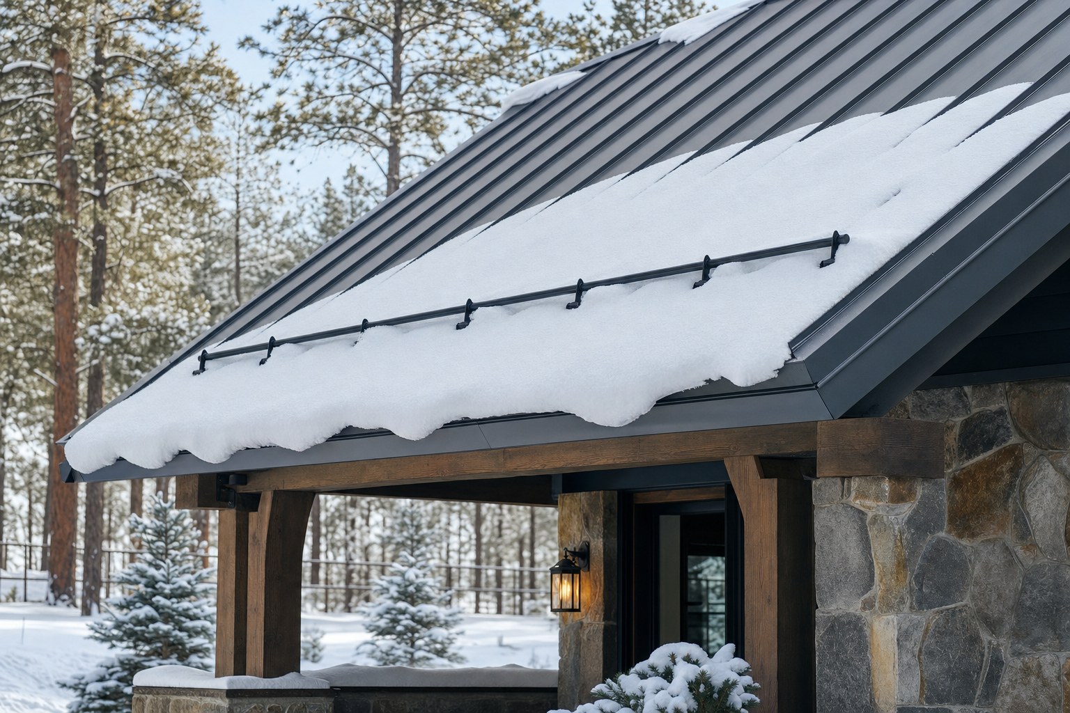 Snow guards on a dark standing seam roof in winter